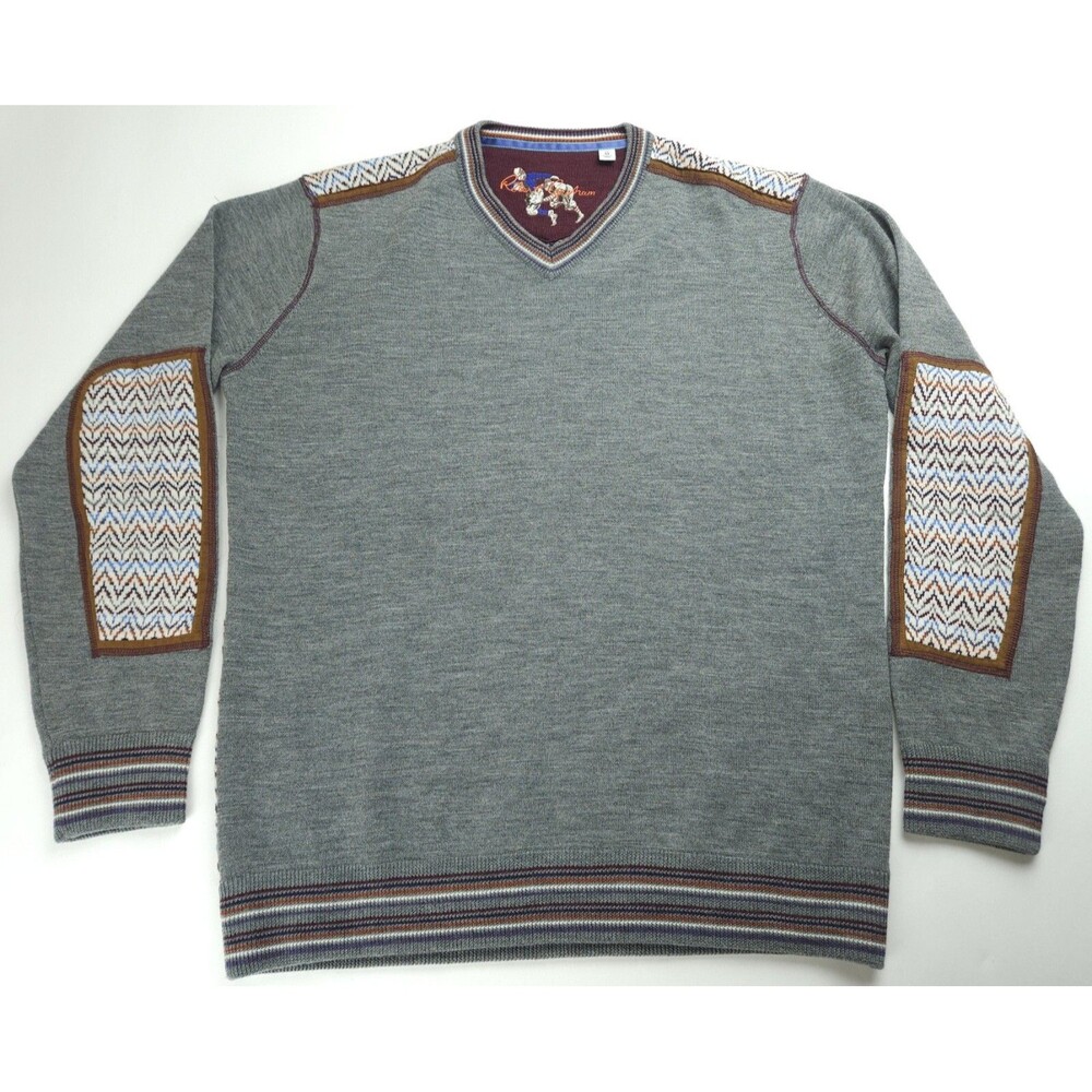 Medium ROBERT GRAHAM Wool Classic Fit V-Neck Sweater Elbow Patches Football